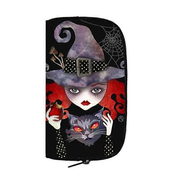 Cute Black Cat Witch Long Wallet Witchcraft Skull Girls Gothic Purse for Men Woman Passport Bag Phone Coin Purses