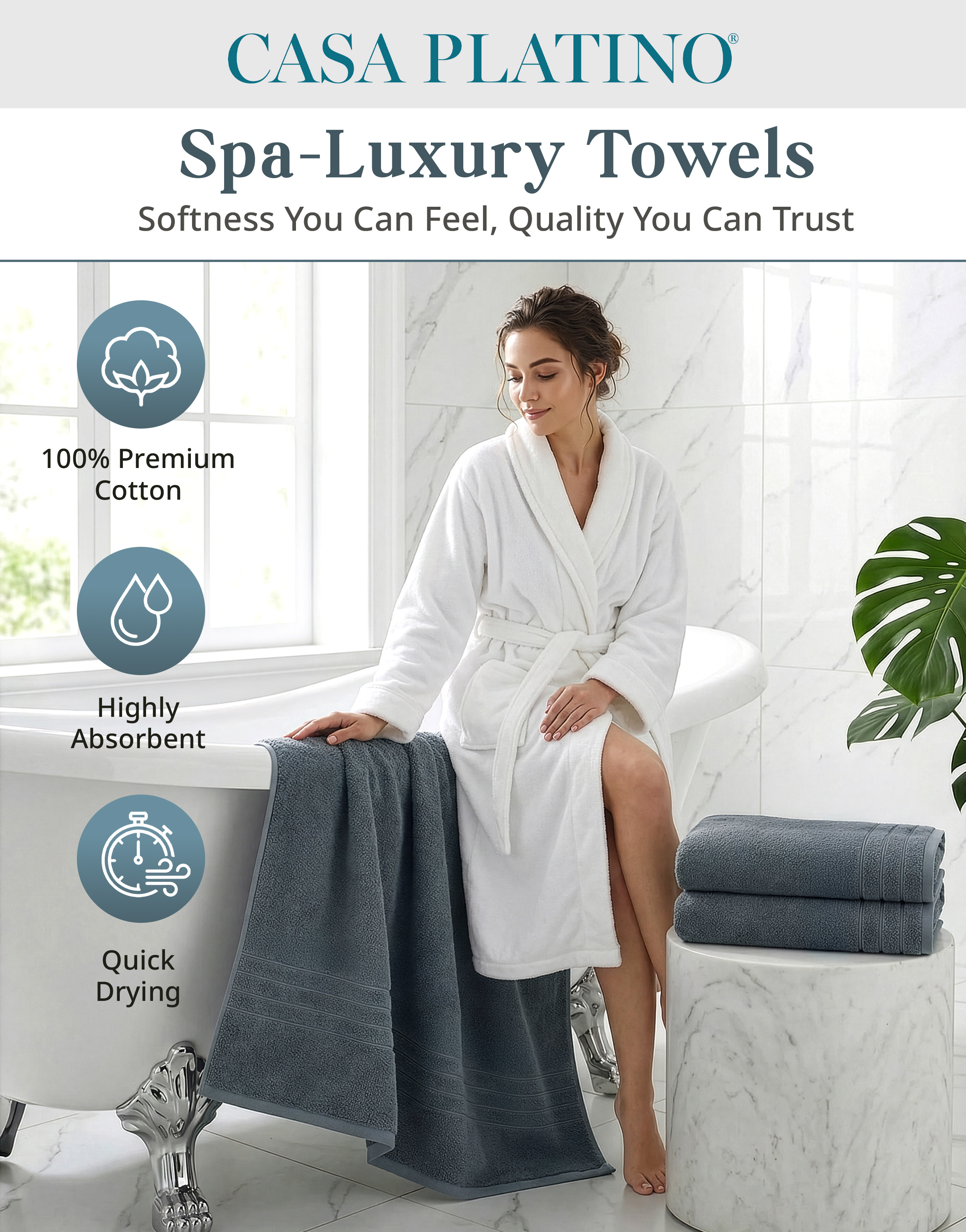 Casa Platino 4-Pack Bath Towels, 100% Cotton Ring Spun, Grey photo 2
