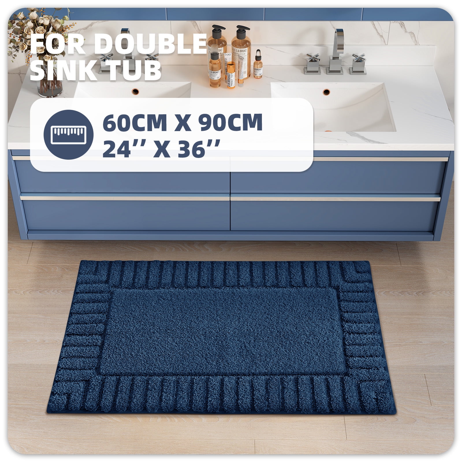 PABUBE Bathroom Rugs 24"x36", Absorbent Bath Mats Rugs for Bathroom Floor Non Slip Non Skid, Soft Shag Microfiber Machine Washable Shower Bath Mat for Bathroom Decor, Blue