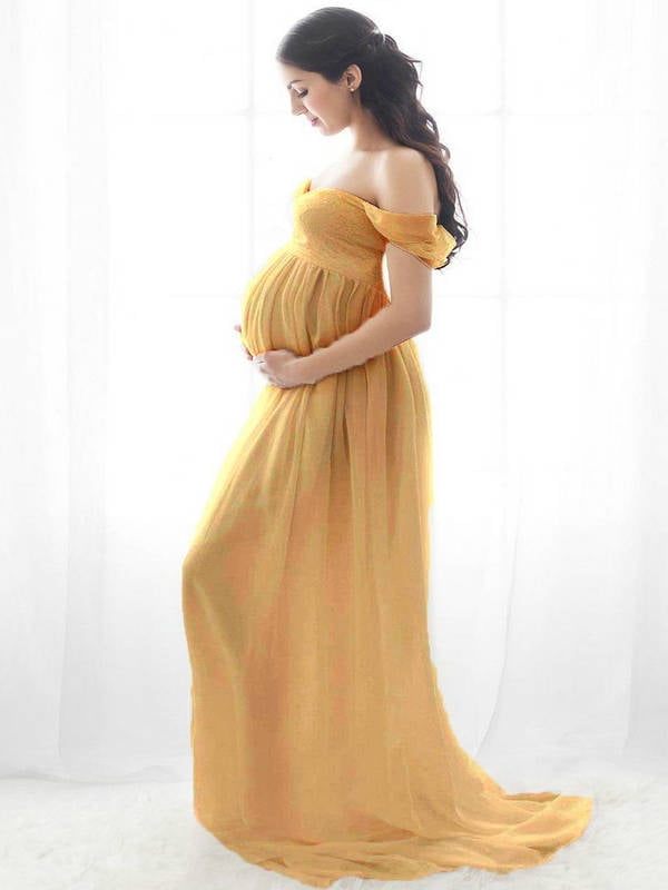Yellow Solid Maternity Long Sleeve Top Beach Solid Side Open Shoulders 