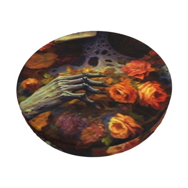 Disketp Vintage Floral Skull Funda Redonda para Taburete, Funda de Cojín para Silla de Bar Suave y Elástica-12 inch