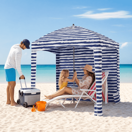 Roomisland Beach Cabana for Sand, UPF 50+ Sun Shelter with Side Wall, Easy Setup Beach Canopy Tent with Sandbags, Wind Resistant, Roof Vent, for Family