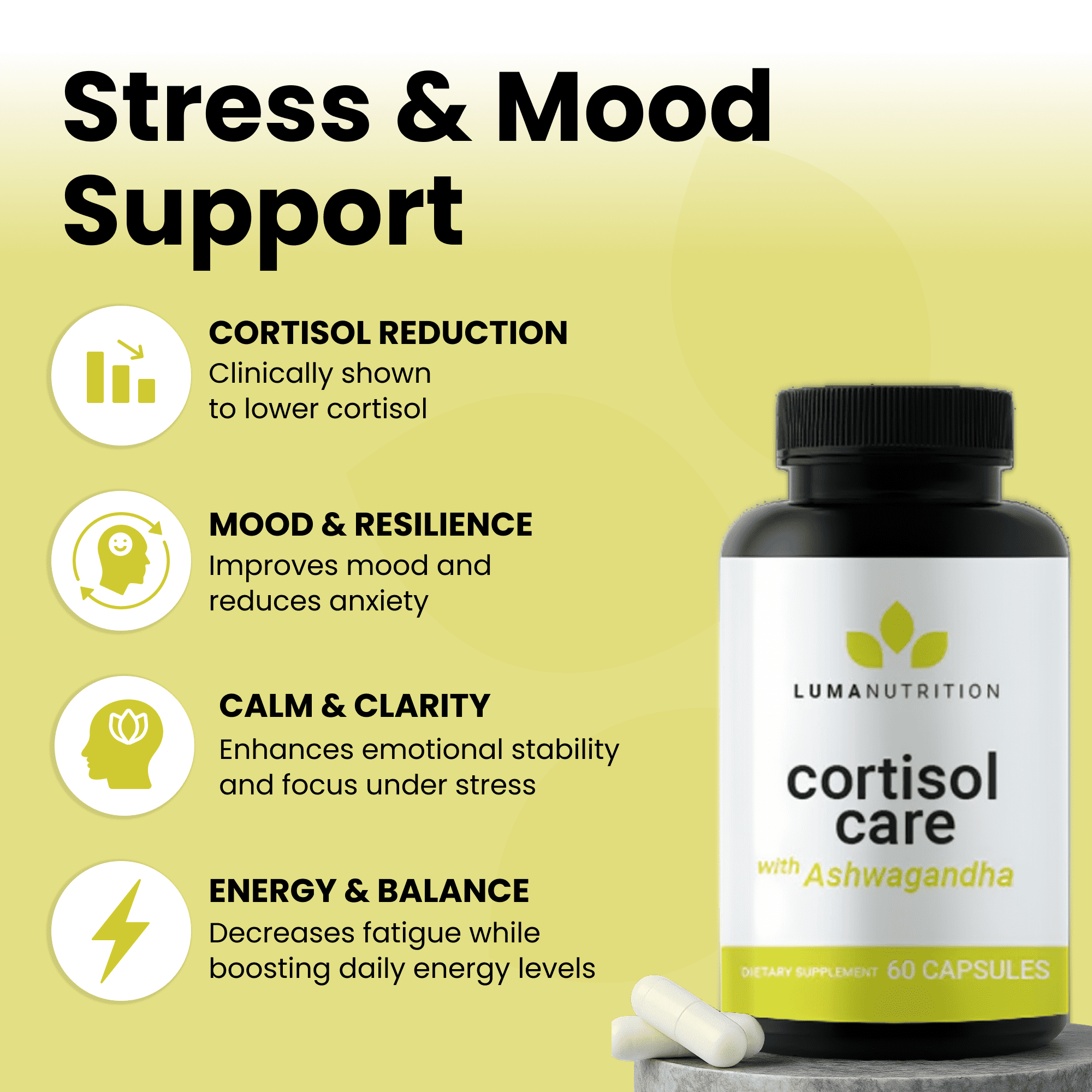 Luma Nutrition Cortisol Supplement - Ashwagandha Supplement + L-Theanine - Cortisol Reducer/Manager - 60 Capsules