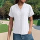 thumbnail image 3 of Camisa de punto jacquard holgada con cuello en V para mujer: manga corta, detalle de cordones, informal de verano, fácil de cuidar, 3 of 7