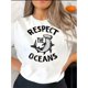 thumbnail image 1 of Camiseta Para Mujer Ropa De VeranoWomen's Casual "Respect the Oceans" Shark Graphic Tee - Short Sleeve, Round Neck, Polyester Blend, Comfortable Summer Top for Casual AttireFather's Day, Mother's Da, 1 of 6