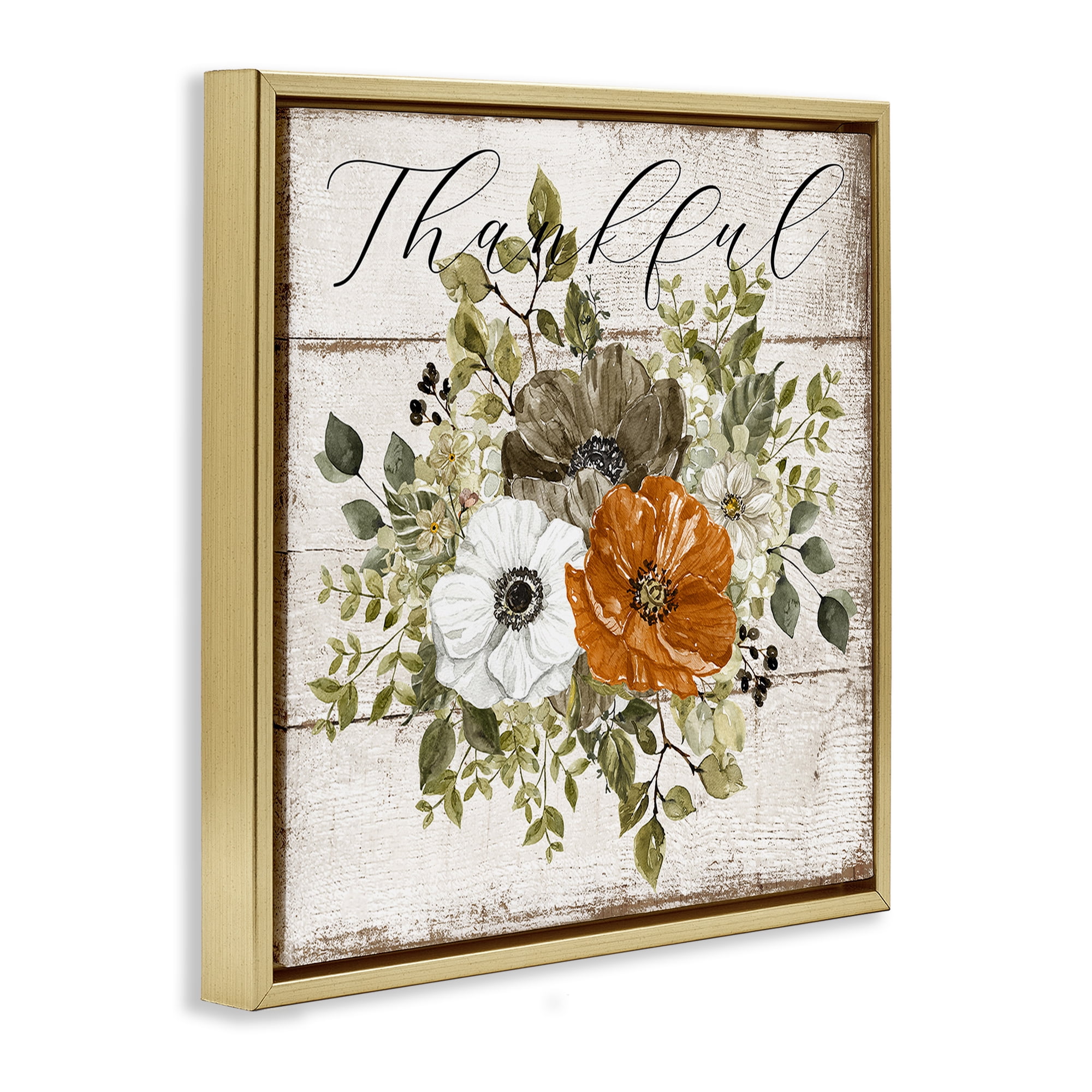 Stupell Industries Thankful Floral Pumpkin Holiday Painting Gold Floater Framed Canvas Art Prints Wall Art, 25 x 25