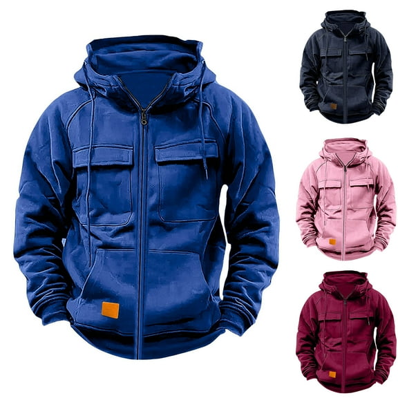 BiZtdJrK Tactical Hoodies for Men 2025 Full Zip Long Sleeve Workout Cargo Sweatshirt Solid Casual Hooded Pullover Jackets with Pocket Blue XXL Lightning Sales Today