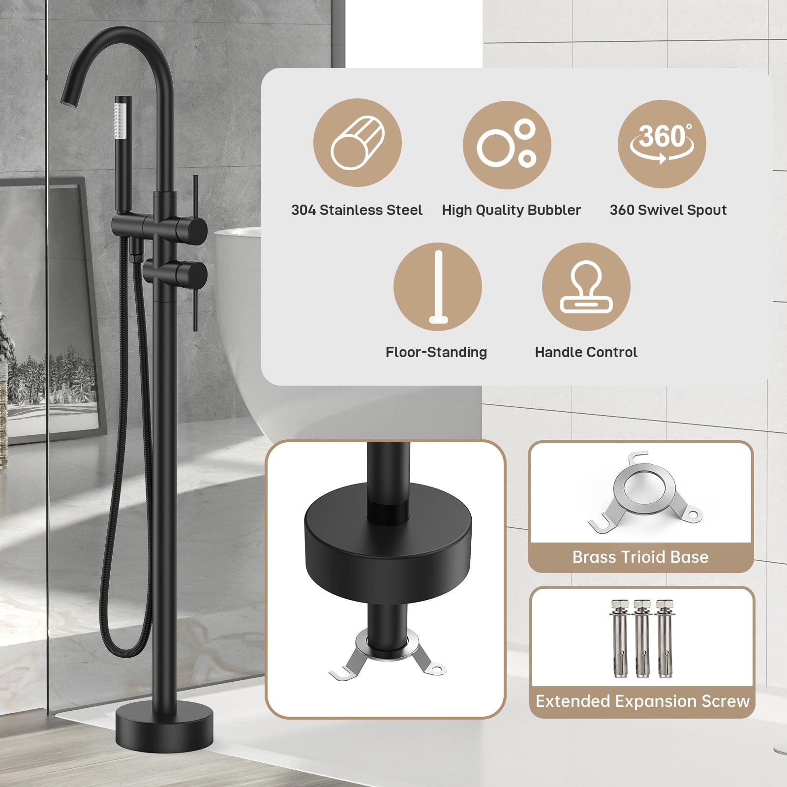Bathtub Faucet, Floor Mount Bathtub Faucet Freestanding Tub Faucet Standing Bathtub Filler, High-Flow Bath Shower Faucet with Handheld Sprinkler