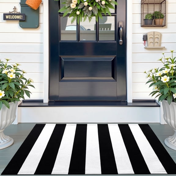 Buganda Black and White Striped Area Rug, 2'4"x3'7" Washable Cotton Carpet, Indoor Outdoor Rugs for Living Room, Kitchen, Patio, All Season Home Decor