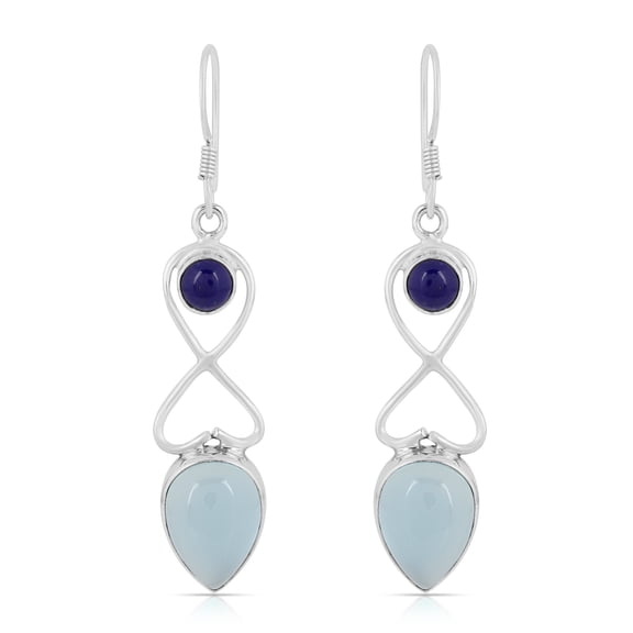 Natural Aqua Chalcedony & Lapis Lazuli Dangle Earrings in 925 Sterling Silver – Handmade Pear-Shaped Bezel-Set Blue Gemstones, Boho Drop Jewelry Gift for Women