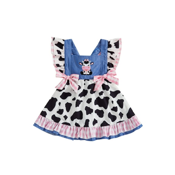 BemeyourBBs Toddler Baby Girls Cowgirl Dress Outfit Cute Infant Girl Summer Dress Clothes Sleeveless Plaid Embroidery Cow Patchwork Party Dress Bowknot Dress