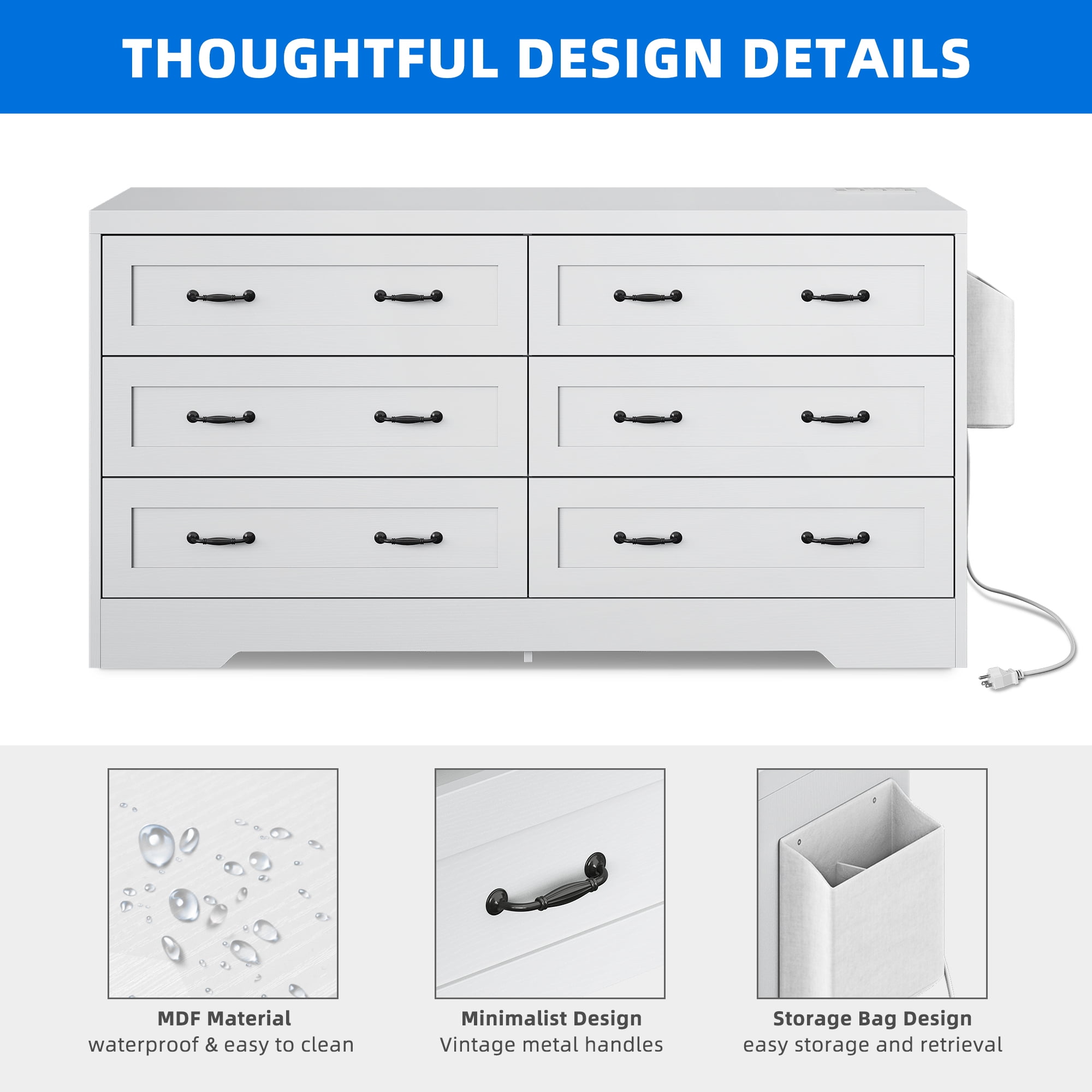 DEXTRUS 6-Drawer Double Dresser with Power Outlets, Wood Storage Cabinet Chest of Drawers, White