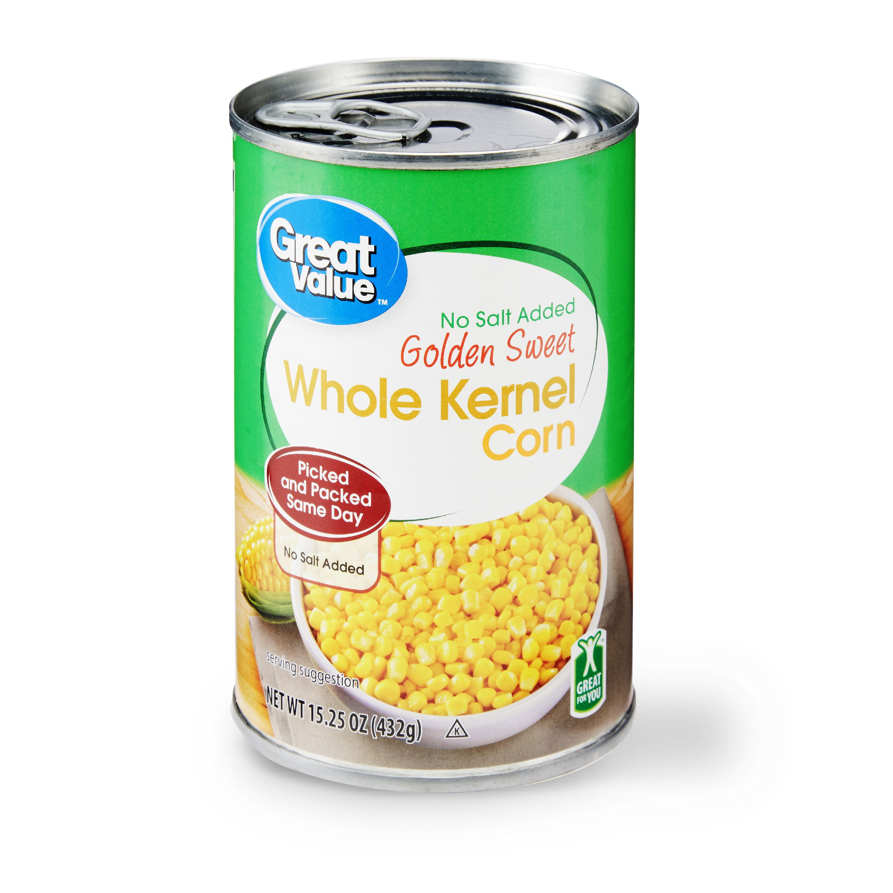 (12 pack) Great Value No Salt Added Whole Kernel Corn, 15.25 oz. can