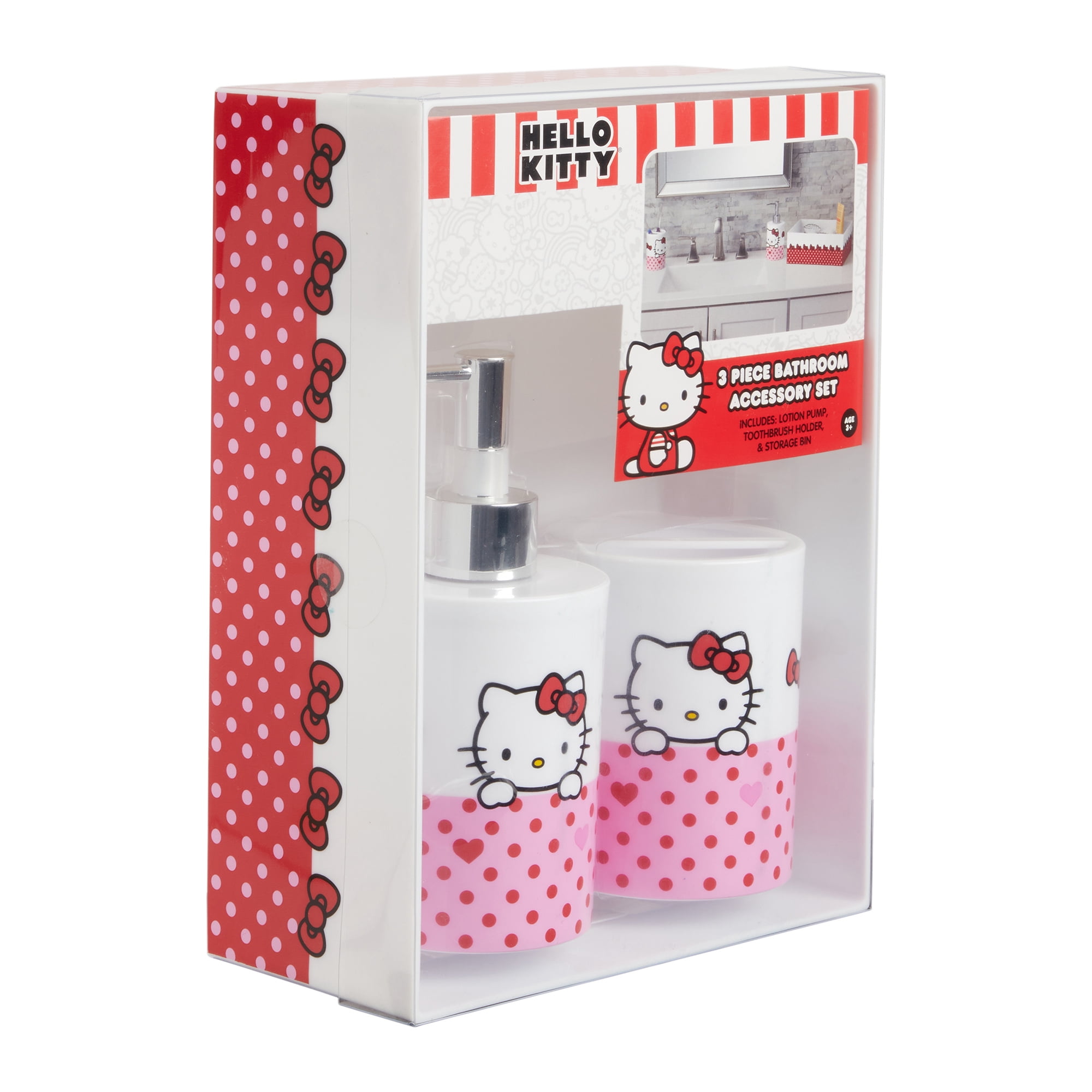 Hello Kitty 3-Piece Bathroom Accessory Set, Toothbrush Holder, Soap Pump, Storage Bin