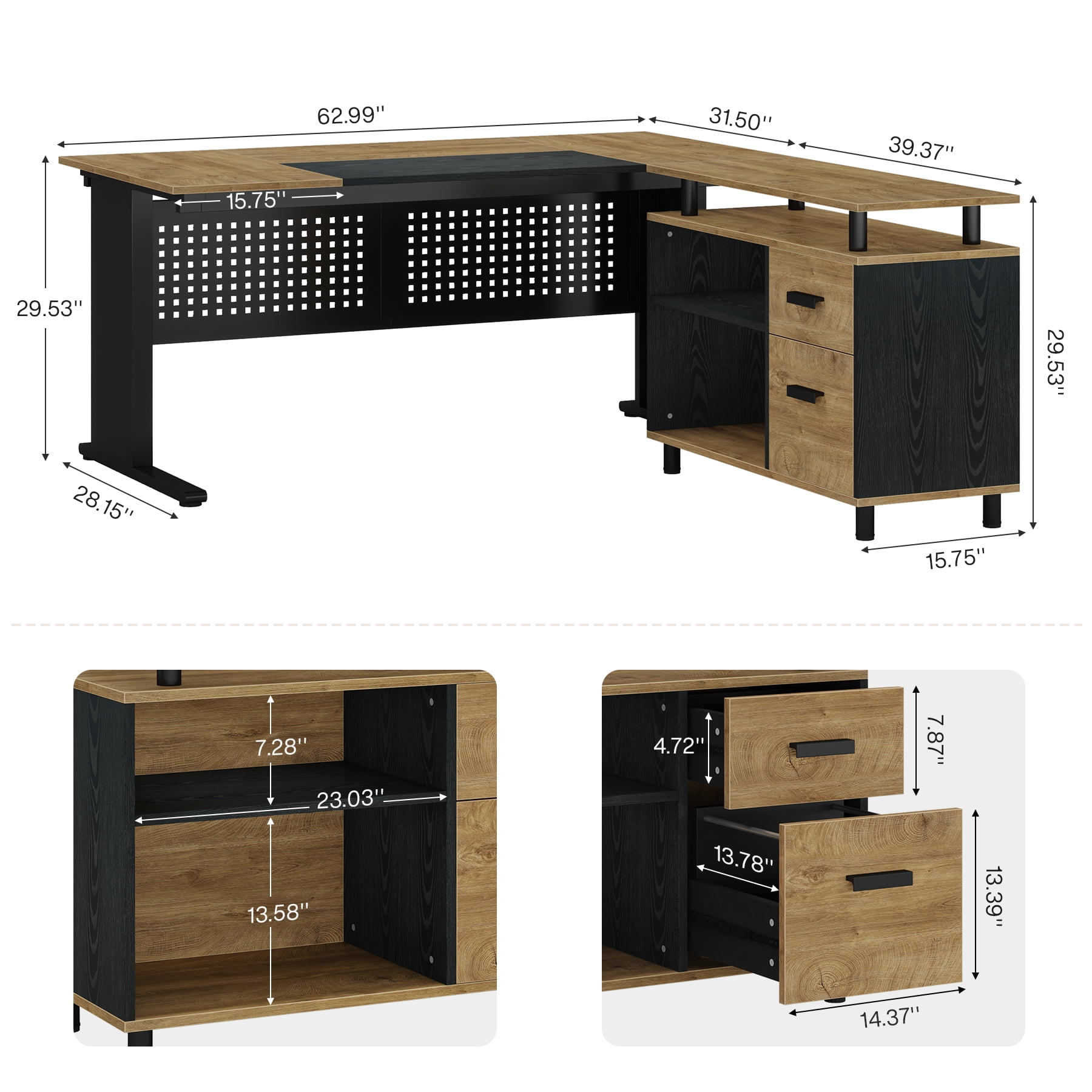 Finmind 63" L-Shaped Executive Desk with File Cabinet, Large Office Computer Desk with Drawers and Shelves, for Home Office, Light Brown and Black