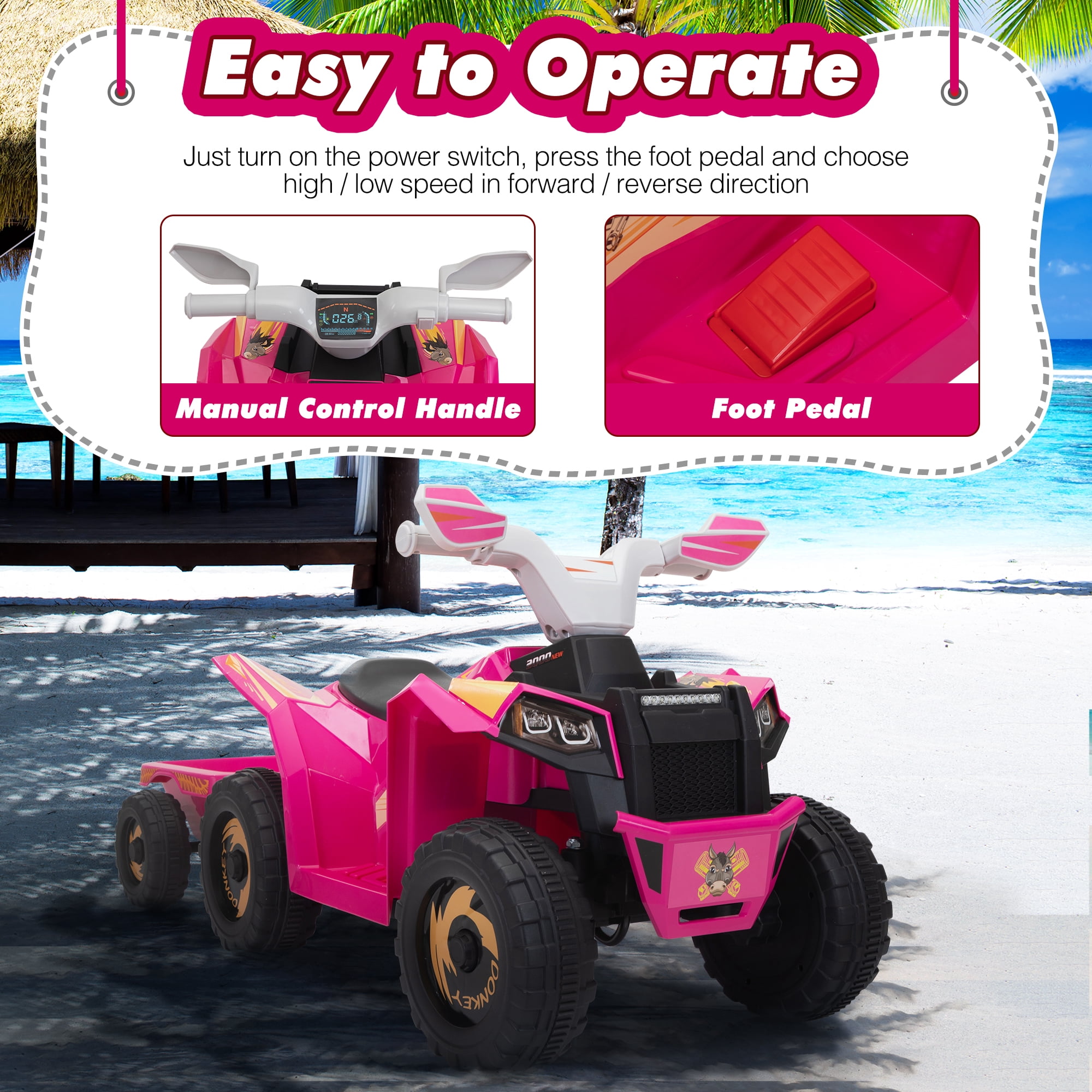 Jaxpety 6V Kids Ride On Toy for Toddler, Kids ATV 4 Wheeler for 1-3 Boys & Girls with Trailer, Music, Bluetooth