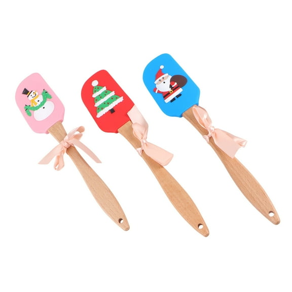 Stri 3Pcs Christmas Pattern Non-Stick Spatulas with Wooden Handle Cake Butter Scraper Baking Tools (Christmas Tree, Snowman, Santa Claus for Each 1 Piece)