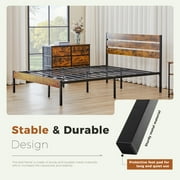 edx Queen Size Metal Bed Frame with Wooden Headboard, Under Bed Storage, 800LBS Support, Noise-Free, No Box Spring Needed, Easy Assembly, Brown