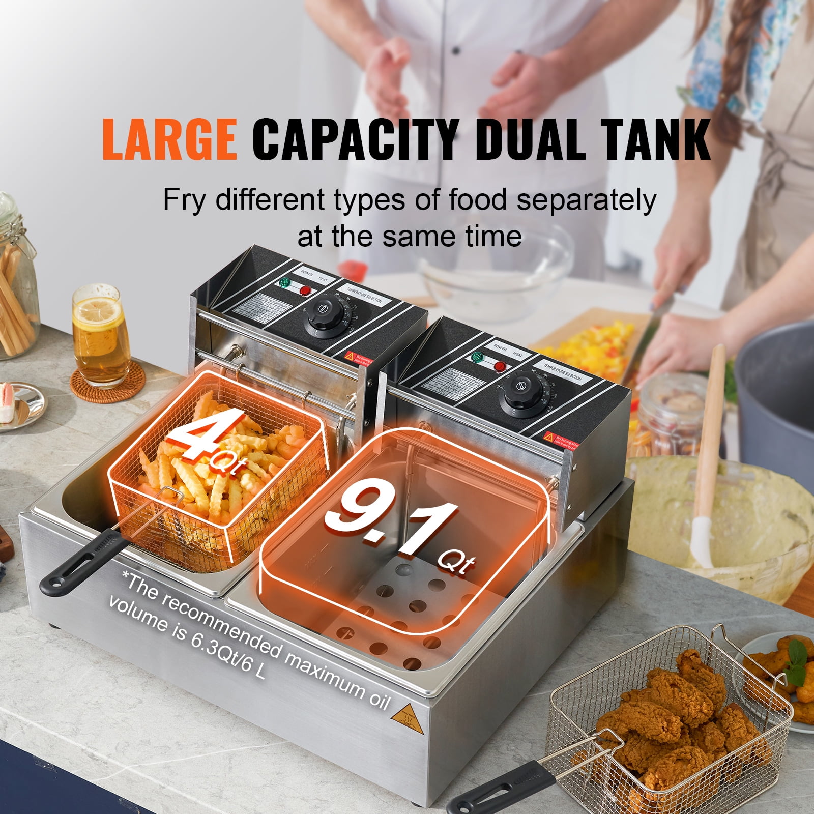 KFFKFF Industrial Dual Chamber Fryer, 3000W Electric
