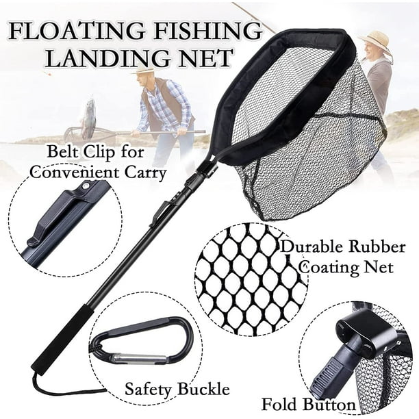 Xcgwst Floating Fishing Net Folding Landing Net With Fixed Pole Soft Rubber Coated Mesh Net Freshwater Saltwater Easy Catch & Release