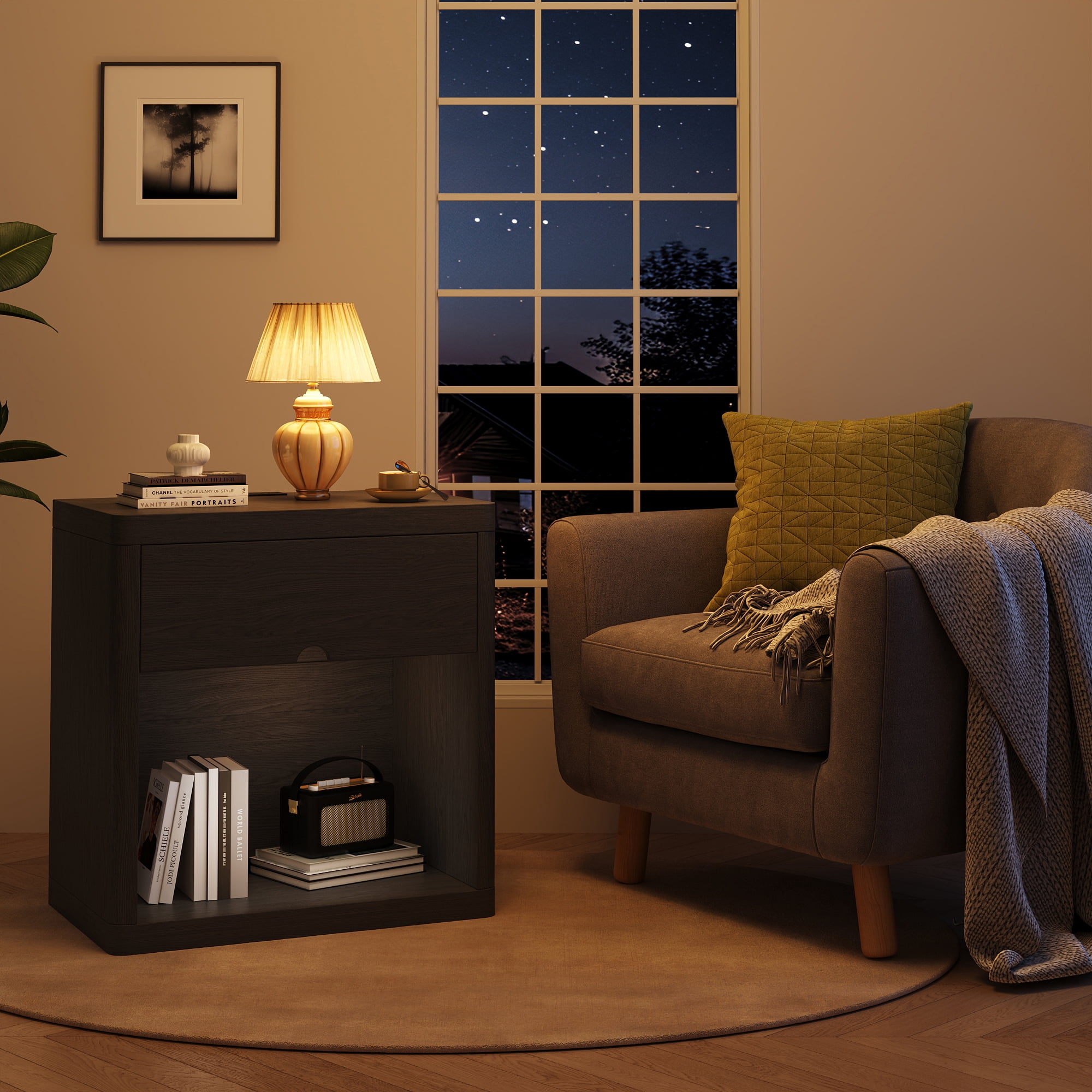 NEGYLIM 24" Wood Nightstand with USB Charging Station, Bedside Table with Safe Rounded Corners & Crescent Handles – Sturdy End Table for Bedroom, Living Room, Nursery (Black, 1-Piece)