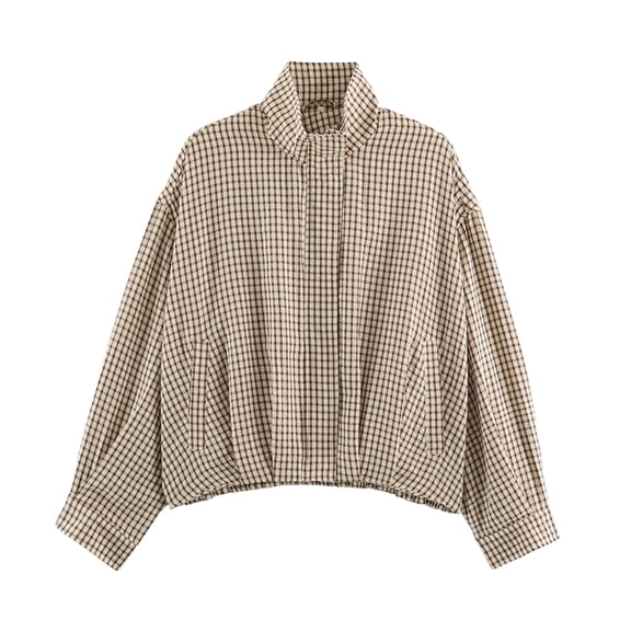 Women's Plaid Stand Collar Cropped Jacket Long Sleeve Full Zip Loose Casual Lightweight Outerwear with Pockets, M