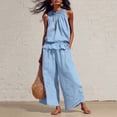 thumbnail image 2 of Guluxicc 2 Piece Womens Outfit Sets Linen Mock Neck Sleeveless Smocked Ruffle Hem Top High Waist Wide Leg Pants Outfits with Pockets, 2 of 5