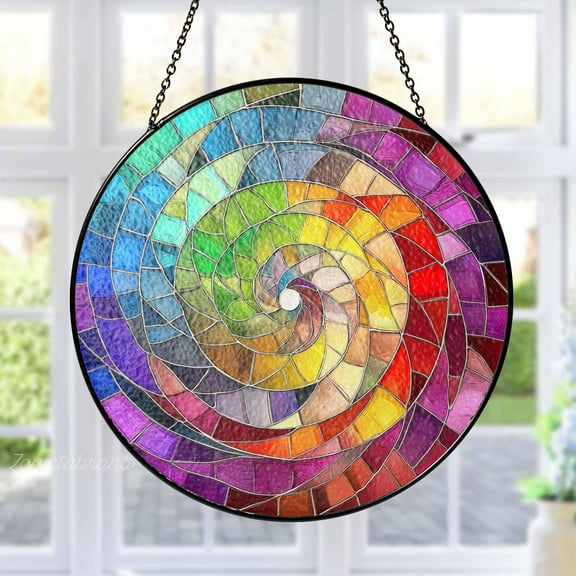 Rainbow Spiral Stained Glass Suncatcher, Colorful Geometric Window Hanging, Light Catcher Ornament Gift for Home Decor