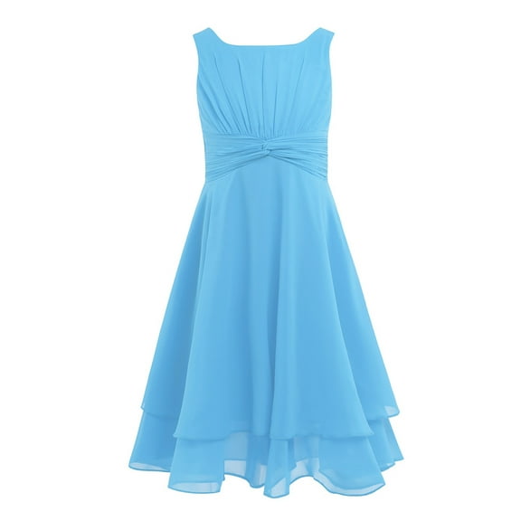 Yartina Kids Flower Girl Wedding Ball Gown Sleeveless Ruched Chiffon Pageant Party Princess Dress Light Blue 10