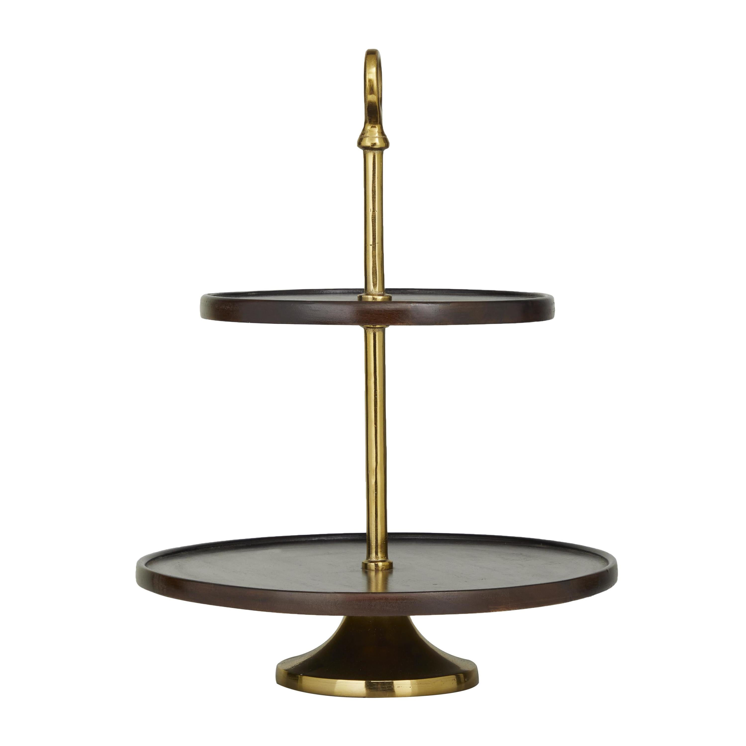 DecMode 14" x 18" Dark Brown Mango Wood 2 Tiered Server with Gold Stand, 1-Piece