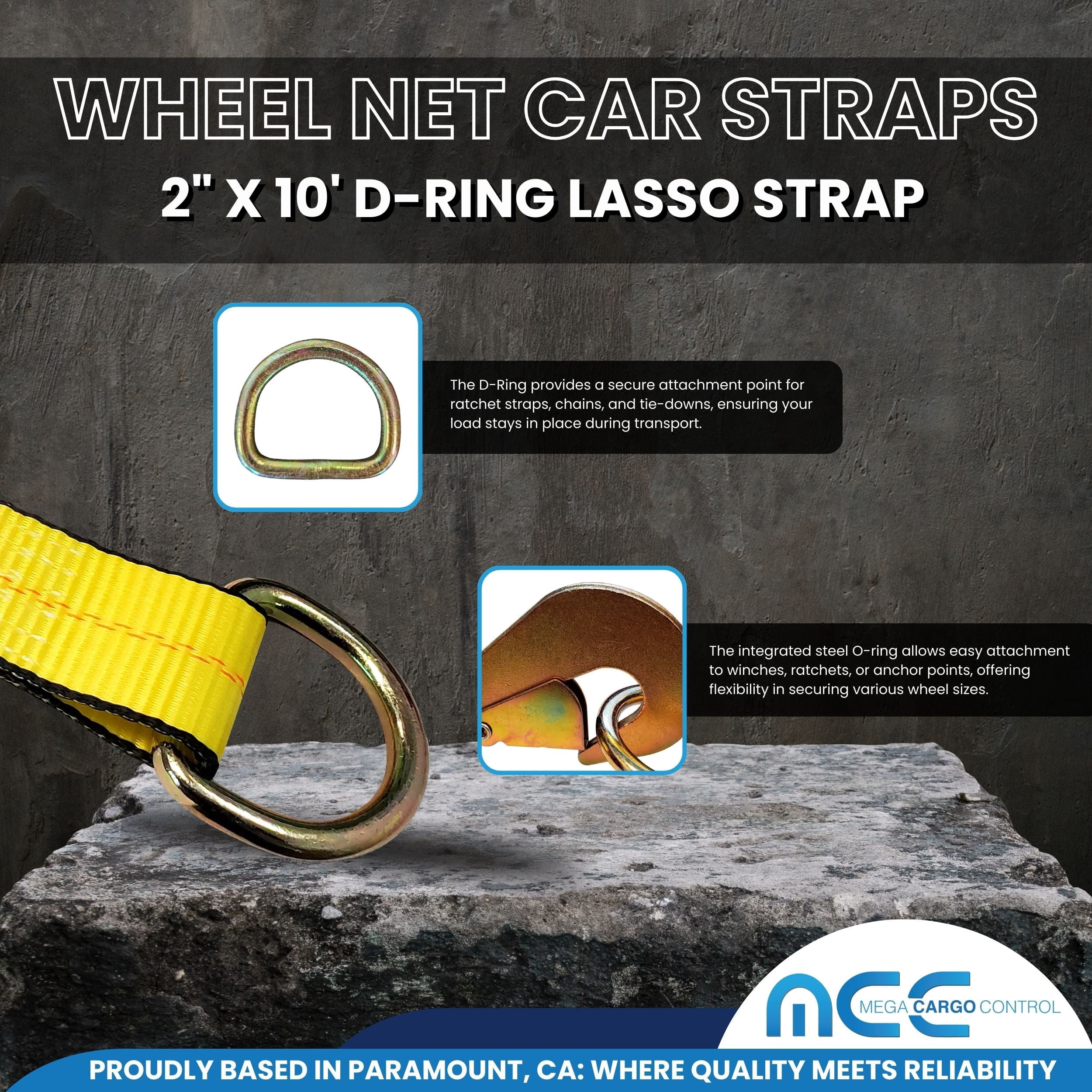 Mega Cargo Control Side Mount Wheel Net Straps with Swivel J Hook Ratchet Buckles, 2" x 10' D-Ring Lasso Strap, 4 Pack, Yellow