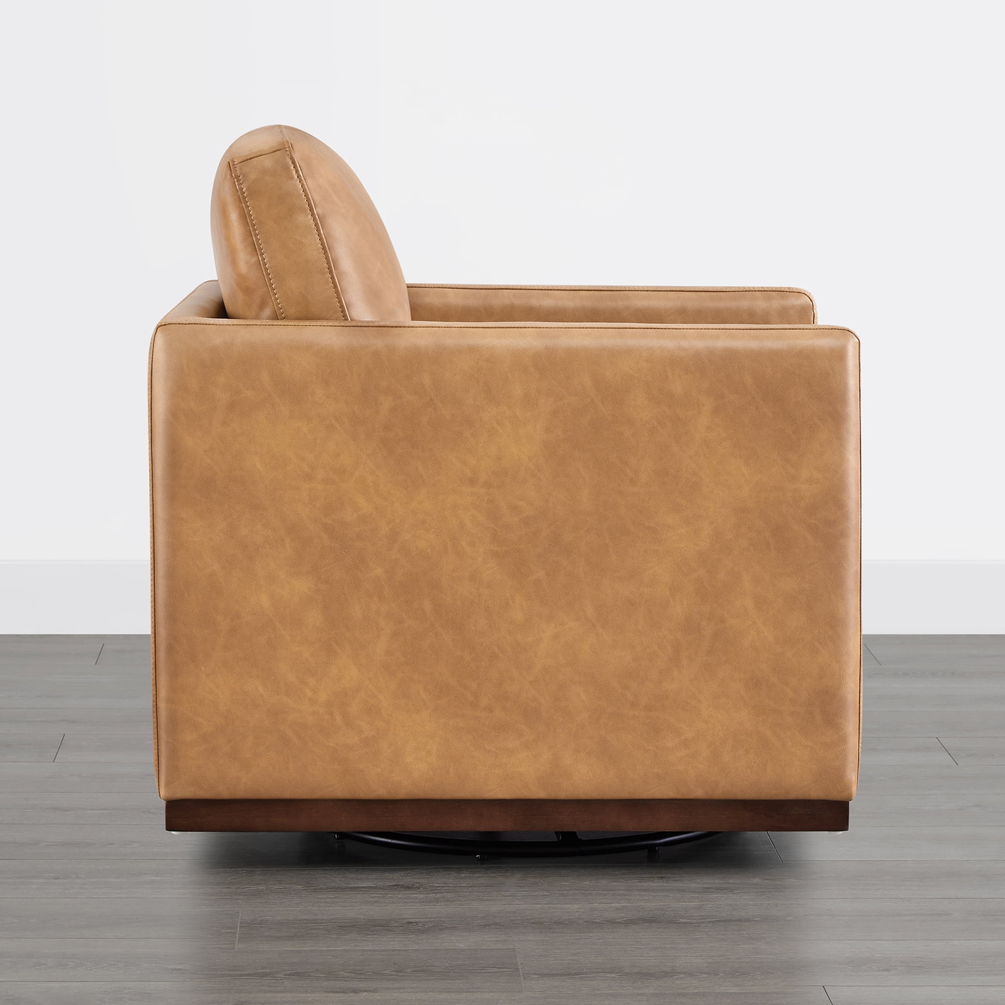 Spruce & Spring Modern Swivel Accent Arm Chair with Plush Cushions and Wooden Base, Single, Cognac Brown-Faux Leather