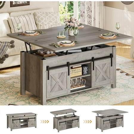 Lift Top Coffee Table, 4 in 1 Multi-Function Convertible Coffee Tables with Storage and Hidden Compartment, Farmhouse Coffee Table Converts to Dining Table for Living Room, Grey