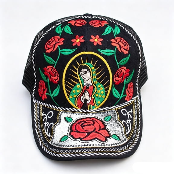 Mary Rose Trucker Hat Religious Graphic,Mesh Back Adjustable Snapback Cap,Detailed Embroidery of Our Lady and Roses,Breathable Mesh Keeps Cool,Curved Brim Blocks Sun,One-Size Fits Most Adults