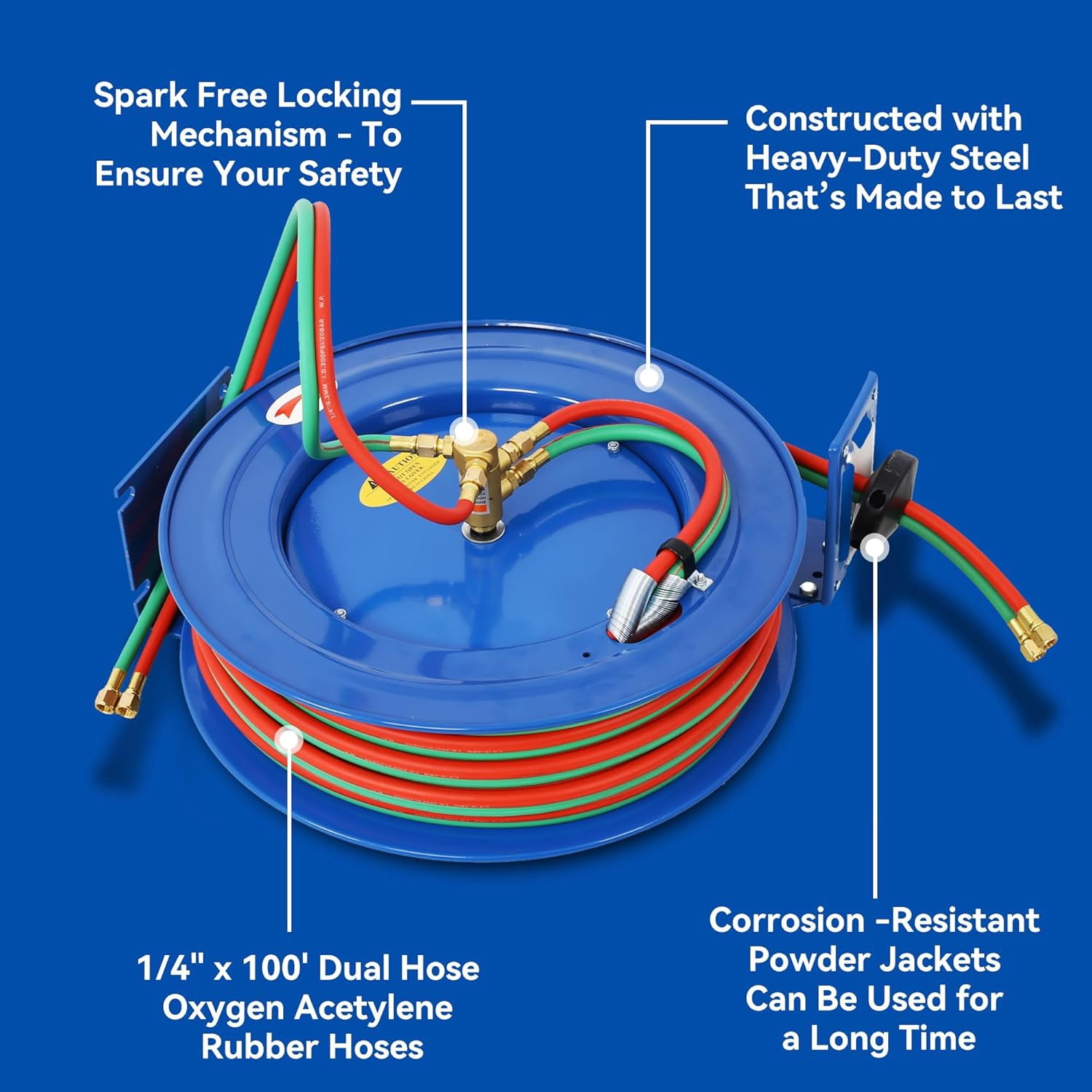 Retractable Air Hose Reel, Heavy Duty Welding Hose Reel 1/4" Inch x 50' Foot Twin Oxygen Acetylene Rubber Hoses STD Duty Max 200 PSI Industrial Single Arm Construction
