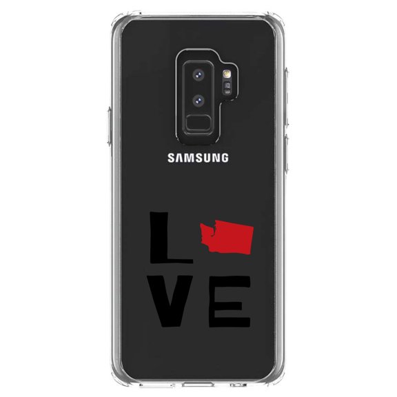 DistinctInk Clear Shockproof Hybrid Case for Samsung Galaxy S9  PLUS (6.2" Screen) - TPU Bumper Acrylic Back Tempered Glass Screen Protector - Washington - Love Black & Red