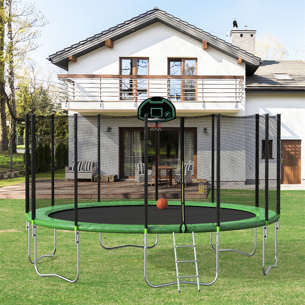16 FT Round Trampoline with Safety Enclosure Net, Basketball Hoop and