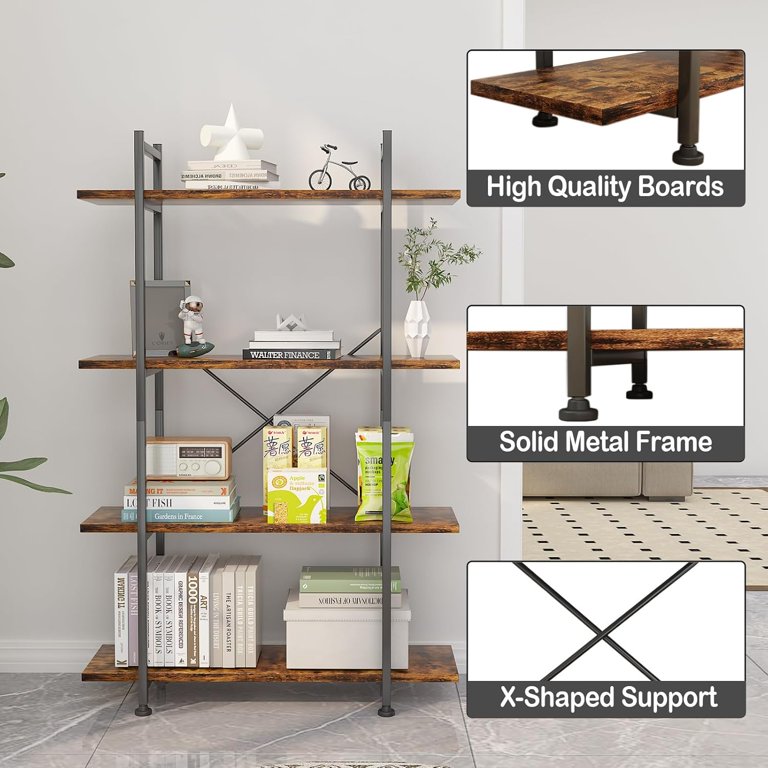 4 Tier Solid Wood Bookshelf – Rustic Industrial Bookcase With X-Frame Design