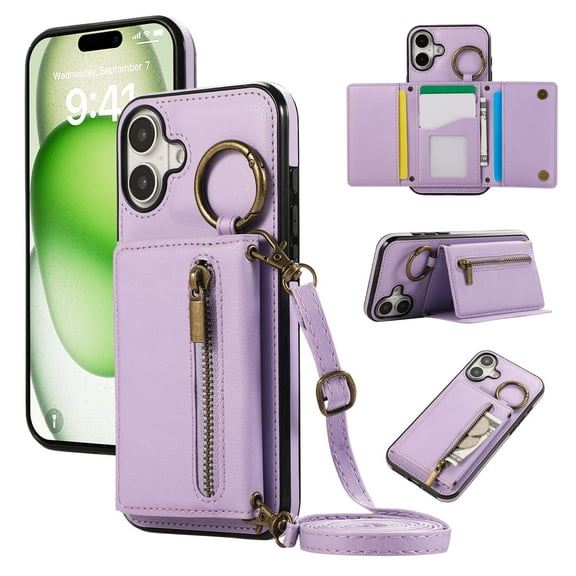 For iPhone 16 Wallet Case with Card Holders for Women Girls, Crossbody Strap Zipper PU Leather Case with Finger Ring Protective Kickstand Designed for iPhone 16, 6 Color