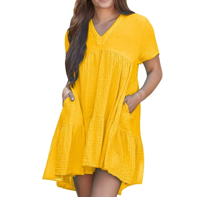hotojiny Robes Boho pour Femmes 2025 Grande Taille Ample Solide Col en V Robes Mini Fluides Été à Volants