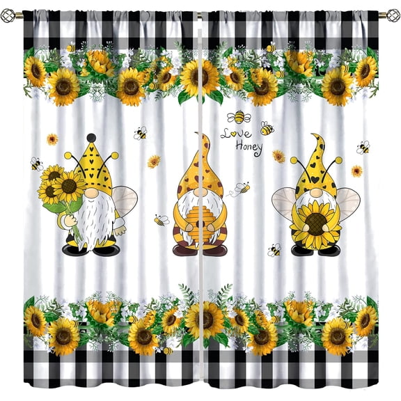 Gnome Curtains, Farm Bee Sunflower Black and White Buffalo Plaid Rod Pocket Curtains for Kids Boys Girls Bedroom Living Room, 2 Panel Set, 84x84 Inch