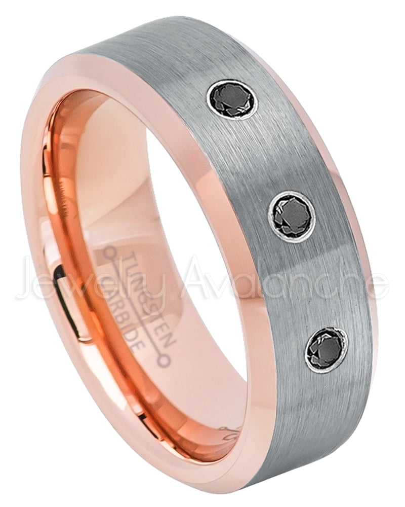 April Birthstone Ring 8MM Comfort Fit Matte 2-Tone Black & Rose Gold Stepped Edge Tungsten Carbide Wedding Band Jewelry Avalanche 0.21ctw Black Diamond 3-Stone Tungsten Ring