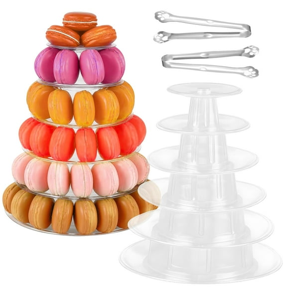 2PCS 6-Tier Clear Macaron Display Stands, Plastic Macaron Tray Tower with Stainless Steel Serving Tongs, Transparent Cupcake Dessert Stand for Weddings, Birthday Parties, Bakeries