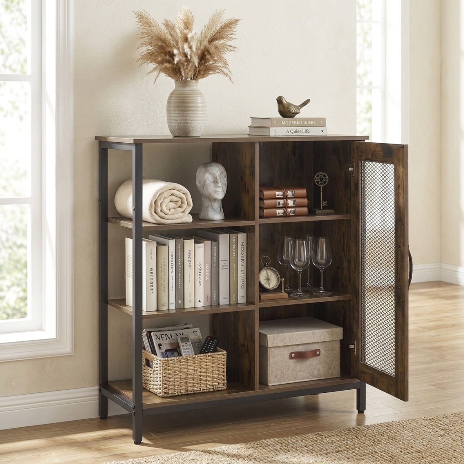 Furnibear Industrial Side Cabinet with Metal Mesh Door and 3 Open Shelves Narrow Storage Buffet Sideboard for Kitchen and Living Room, Rustic Brown
