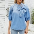 thumbnail image 4 of Hvot&aat Women's Bow Design Denim Pullover Mock Neck Puff Short Sleeve Tops Elegant Workwear Blouse, 4 of 7