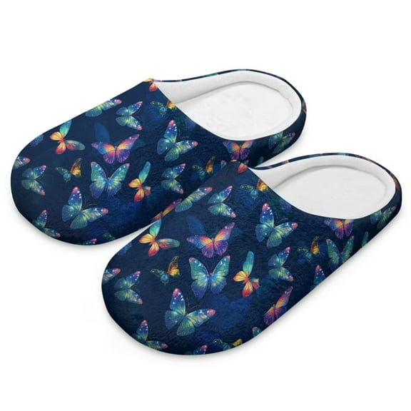 POLERO Blue Neon Butterfly Print Closed Toe House Slippers for Woman Men Soft Cotton Indoor Shoes Memory Foam Slip On Bedroom Slippers, Size 10.5-11.5