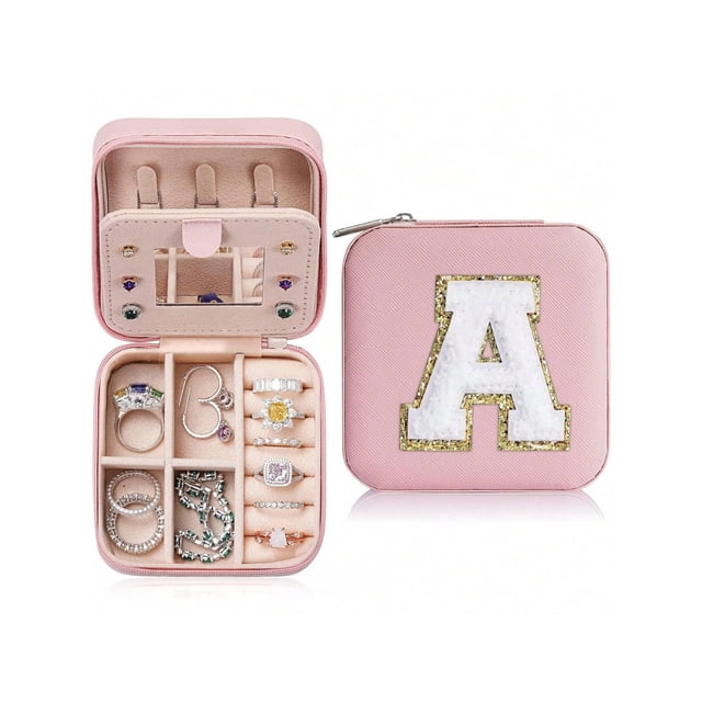 Trendy Travel Jewelry Case, Personalized Gifts - Pink Travel Jewelry Box Birthday Gifts for Women Christmas Gifts for Teens Girls Initial Travel Jewelry Case A-Z