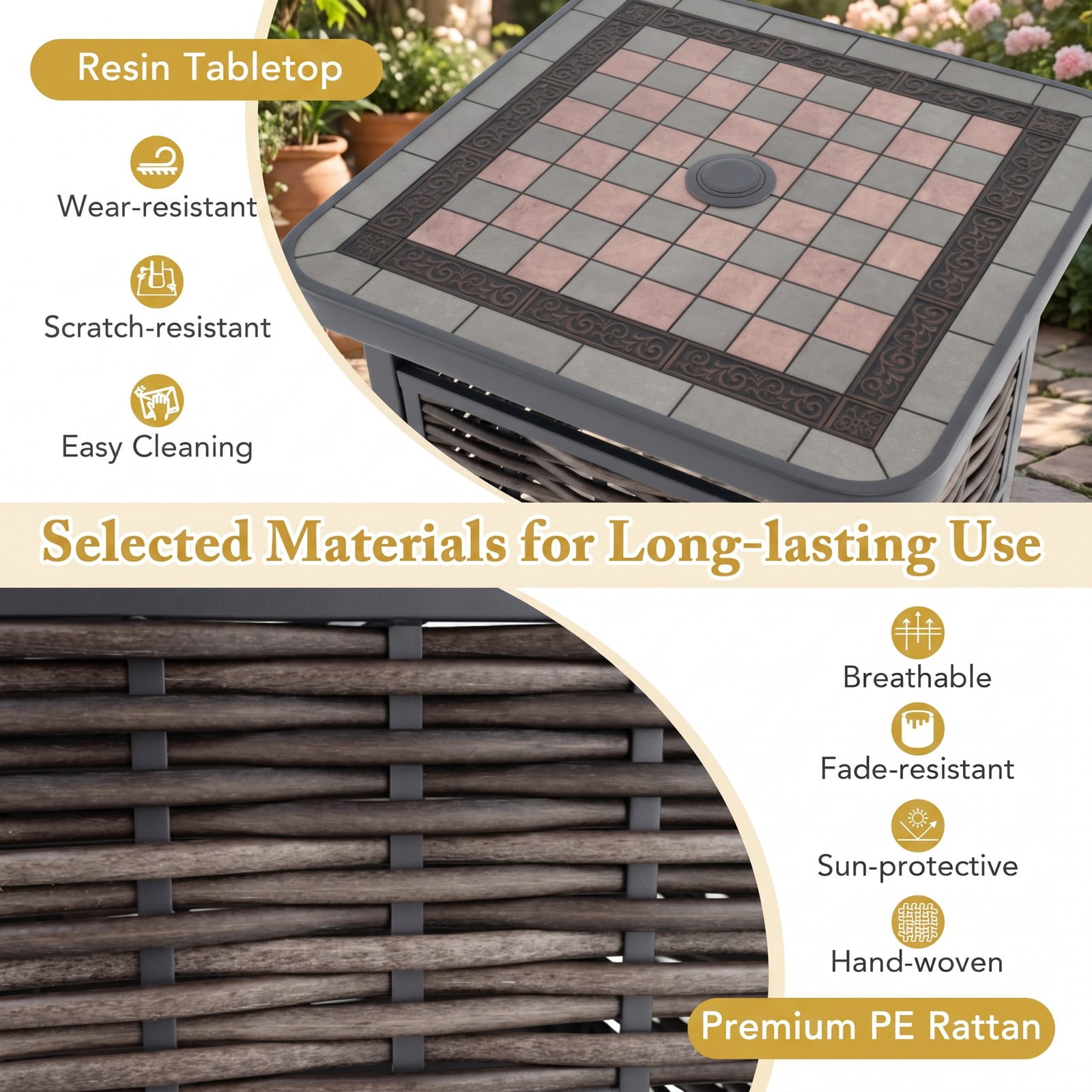 Furnibear 21.5 Inch Square Outdoor PE Rattan Patio Side Table with Umbrella Hole for the Backyard and Poolside, Black and Brown
