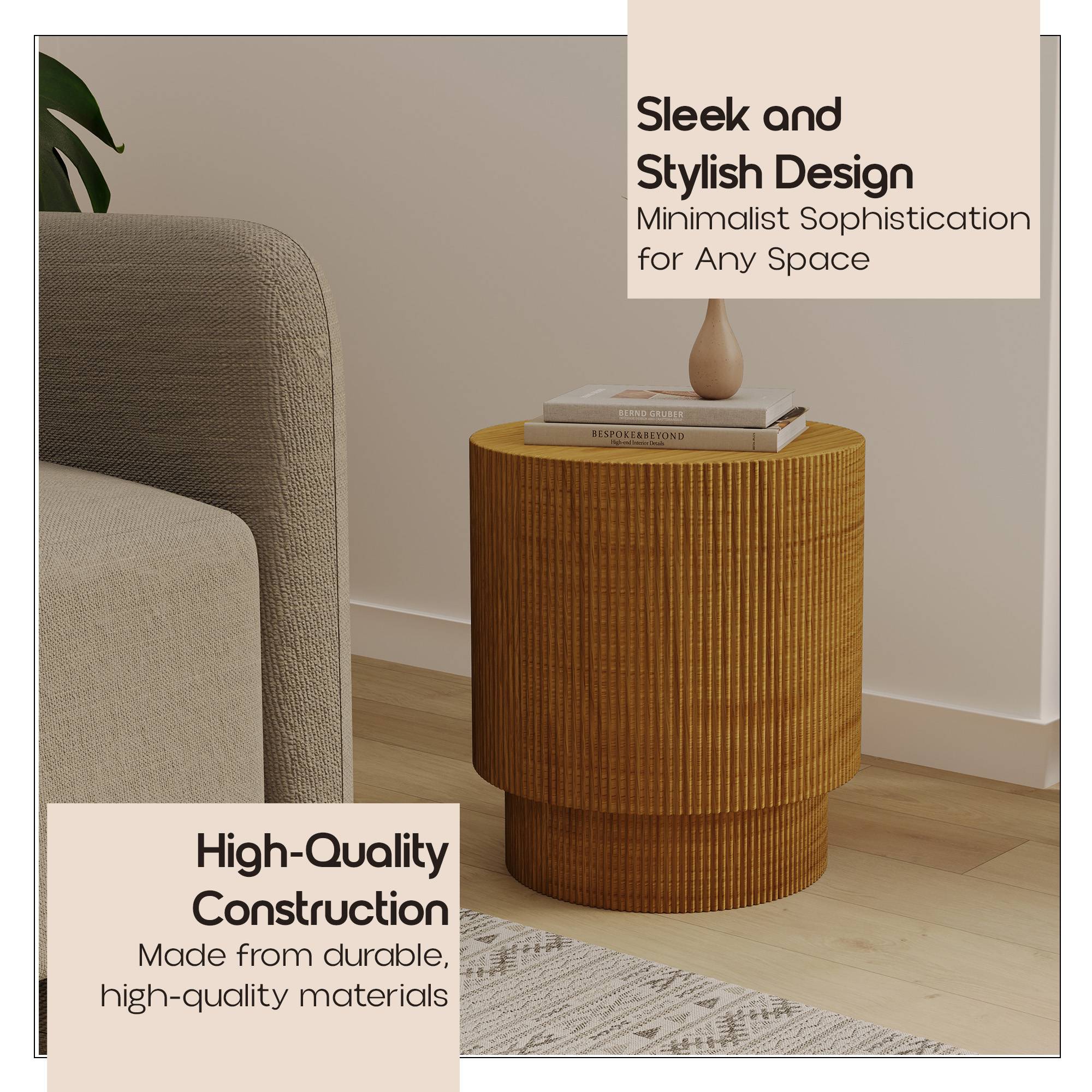 LeisureMod Modern Side Table Round Fiberstone Top Accent End Table for Home, Outdoor Patio, Living Room Sofa, Weather-Resistant, Eden Series in Brown