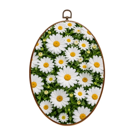Oval Framed Wall Art White Daisies Yellow Centers Green Canvas Wall Art Oval Vintage Wall Decor Prints Hanging Decor for Home Bedroom Living Room Office 8"x11.4"